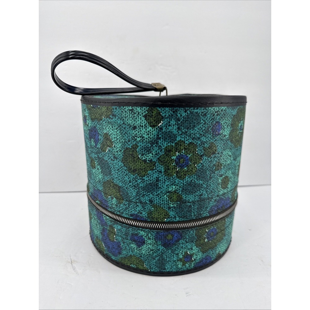 VTG 60s Floral Hat Box Train Case Round Travel Vanity Storage Blue Green Retro